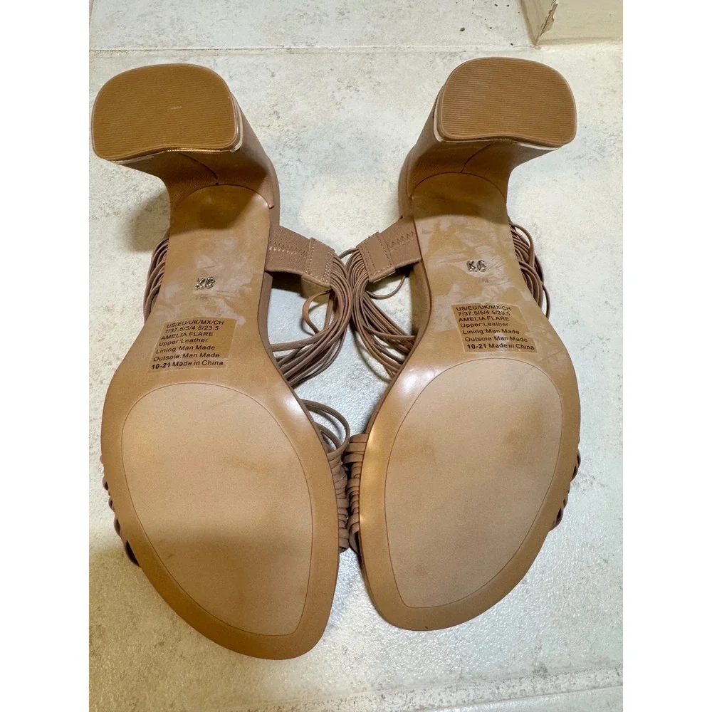 Kenneth Cole Amelia Flare Heels – Nude Leather Strappy Block Heel – Size 7‎
